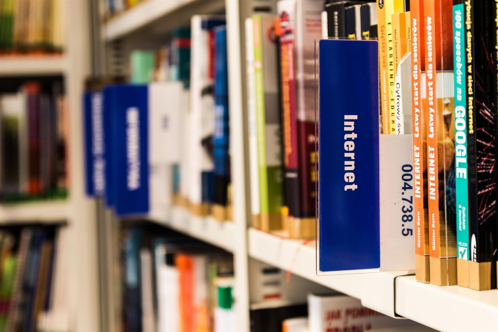 Books about technology and the internet on a library shelf